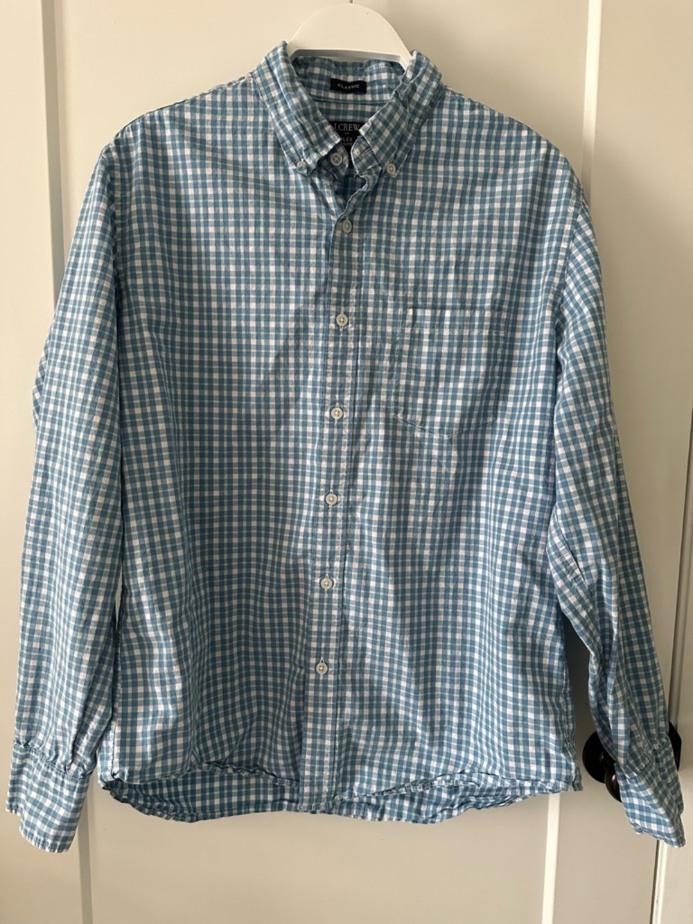 J. Crew Men's Blue and White Gingham Button-Down Shirt